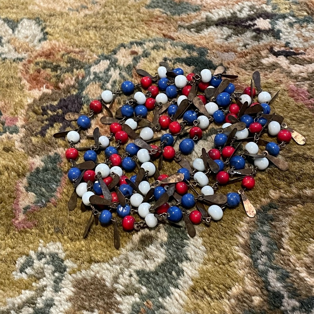 Red white and blue glass bead and brass necklace